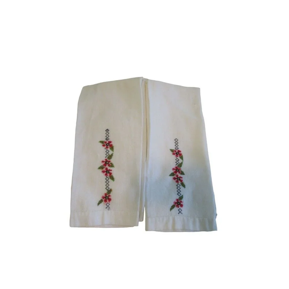 Vintage Hand Embroidered Guest Tea Hand Towels Pink Red Floral Minor Age Stains